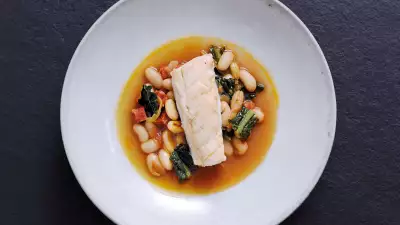 Stewed Skrei with cannellini beans and chorizo