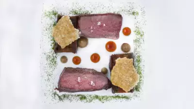 Presa Iberica with aubergine, crackling and and ponzu