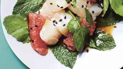 Hawaiian-inspired sour sea bass with grapefruit Ponzu dressing, mint and baby watercress. Photograph by Matt Russell