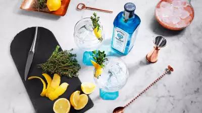 Gin and tonic with garnish, Bombay Sapphire