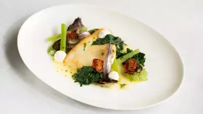 Halibut, cime di rapa (broccoli raab), anchovy, cucumber and dill cr&eacute;me fra&icirc;che from Michelin-starred Murano