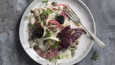 Make Rosie Birkett's blackberry cured cod, fennel and candy beet remoulade; photograph: Jason Bailey