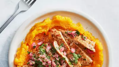 Healthyish's cumin pork cutlets with smashed butternut squash