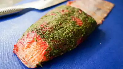 Whole beetroot-cured fjord trout at the Seafood from Norway stand