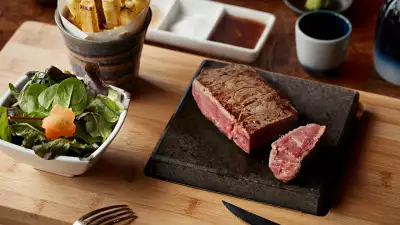 Steak cooking on a hot ishiyaki lava stone