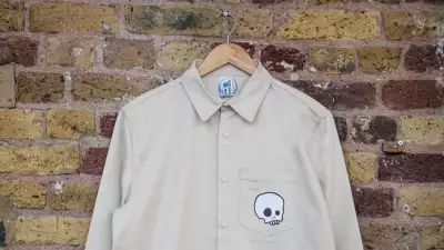 Beavertown x M.C. Overalls oatmeal polycotton skull snap shirt