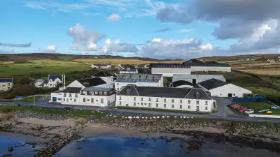 Aerial view of Bruichladdich whisky distillery in Islay, Scotland