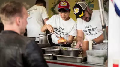 Sandia Chang and James Knappett behind the pass at the World Hot Dog Championships