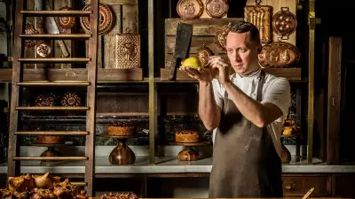 Calum Franklin holding one of his creations in the Holborn Dining Room Pie Room