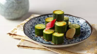 Cucumber dressed in garlic and chilli oil