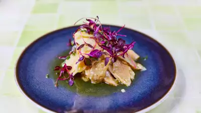 Olive oil-braised celeriac with quince and anchovies