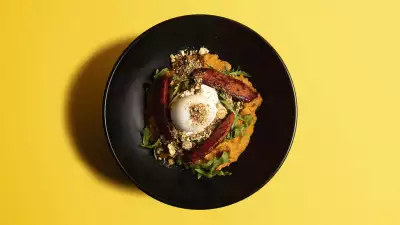Sweet potato miso hash with chorizo, cashew praline and a boiled egg