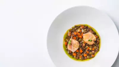Scallop: Lentils, Carrot & Pickled Celery Ragout, Guancial