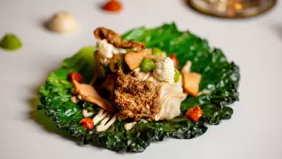 The monkfish shish on charred cabbage leaf