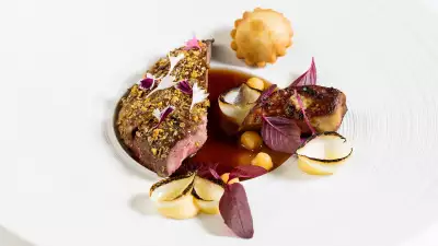 Grouse Burnside Farm, ras el hanout, foie gras, chickpea, dates