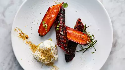 Burnt carrots, greek yoghurt and tahini with fennel pollen