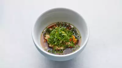 Lamb broth, smoked kombu, pearl barley and leek at Angler