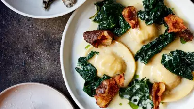 Celeriac ravioli, Jerusalem artichoke and cavolo nero at Levan