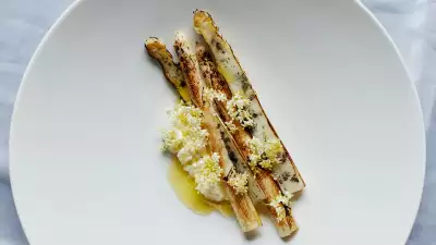 BBQ white asparagus, fresh goat's curd and elderflower oil