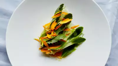 Fennel cooked in aged beef fat, orpin dressed in marigold vinegar and fresh marigold at Silo