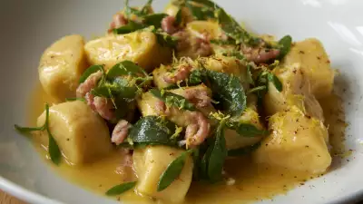Townsend restaurant: potato dumplings with potted shrimp