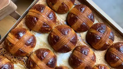 hot cross bun with a croissant cross top