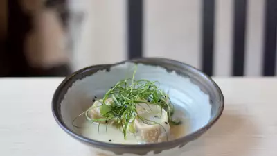 Pork dumplings in broth with celeriac and Tottenham horseradish