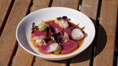 Tuna sashimi with whipped avocado, pickled ginger and truffled ponzu dressing