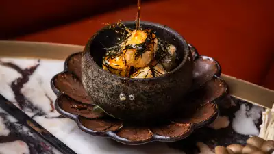 Crispy tofu with shimeji and dashi broth
