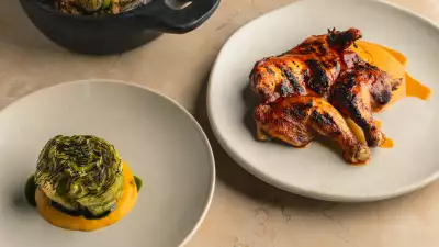 Cabbage, efik rice and poussin
