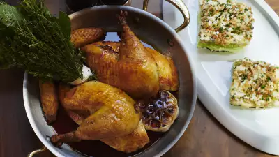Whole roasted chicken with grilled caesar salad