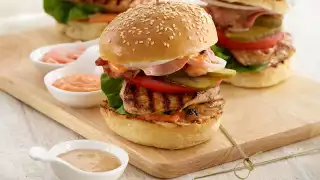 Chicken burger with oyster sauce marinade and teriyaki mayonnaise