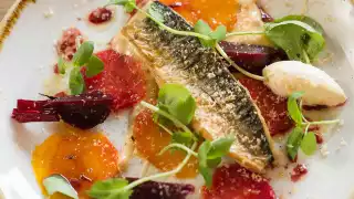 Seared mackerel with beetroot, horseradish and hazelnuts