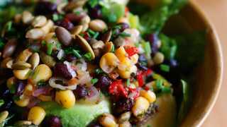 Side salad mixed salad leaves tossed with diced avocado, corn and bean