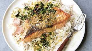 Coconut rice with salmon and coriander sauce from The Kitchen Shelf