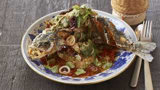 Deep-fried whole sea bass from Thai restaurant Som Saa