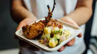 Tandoori lamb chop with a potato salad and mustard dressing