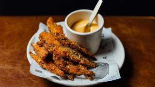 Batter-fried whitebait with South Indian spices and tadka mayo