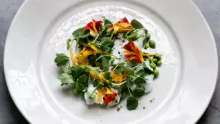 James Lowe's recipe for pea and Ticklemore salad at Harvey Nichols