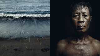 The waves irrigating the black sand of Kusamba — and which lead to the production of the purest sea salt — break over the body of a salt farm worker, shaping his face.