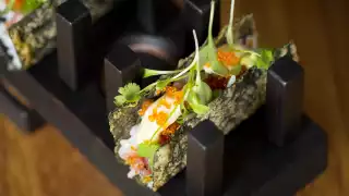 Open Temaki of Toro tartare, scallion tobiko, sushi rice, spiced mayonnaise