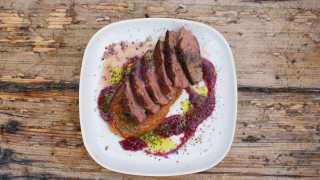 Duck breast with apricot and blueberry compote
