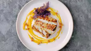 Michel Roux Jr's miso-glazed Skrei, carrot and ginger purée and crispy kale