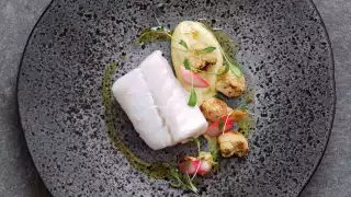 Michel Roux Jr's poached Skrei, cauliflower purée and pickled radishes