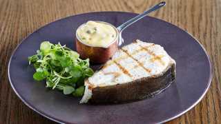 Grilled Isle of Gingha halibut with a traditional tartare hollandaise from the Chop House