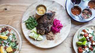 Short rib taco to share with guajilla rub, salsa La Maya and optional roast bone marrow