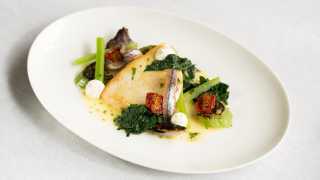 Halibut, cime di rapa (broccoli raab), anchovy, cucumber and dill créme fraîche from Michelin-starred Murano