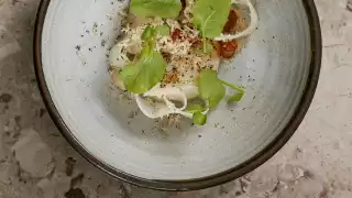 Pheasant egg, kohlrabi, girolles and truffle