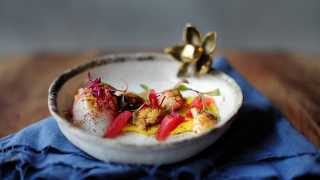 Slow-cooked duck egg with triple cauliflower and pickled watermelon