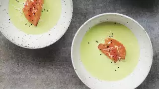 Bäco's creamy romanesco soup with grapefruit, nigella, and fresh horseradish; photography by Dylan + Jeni